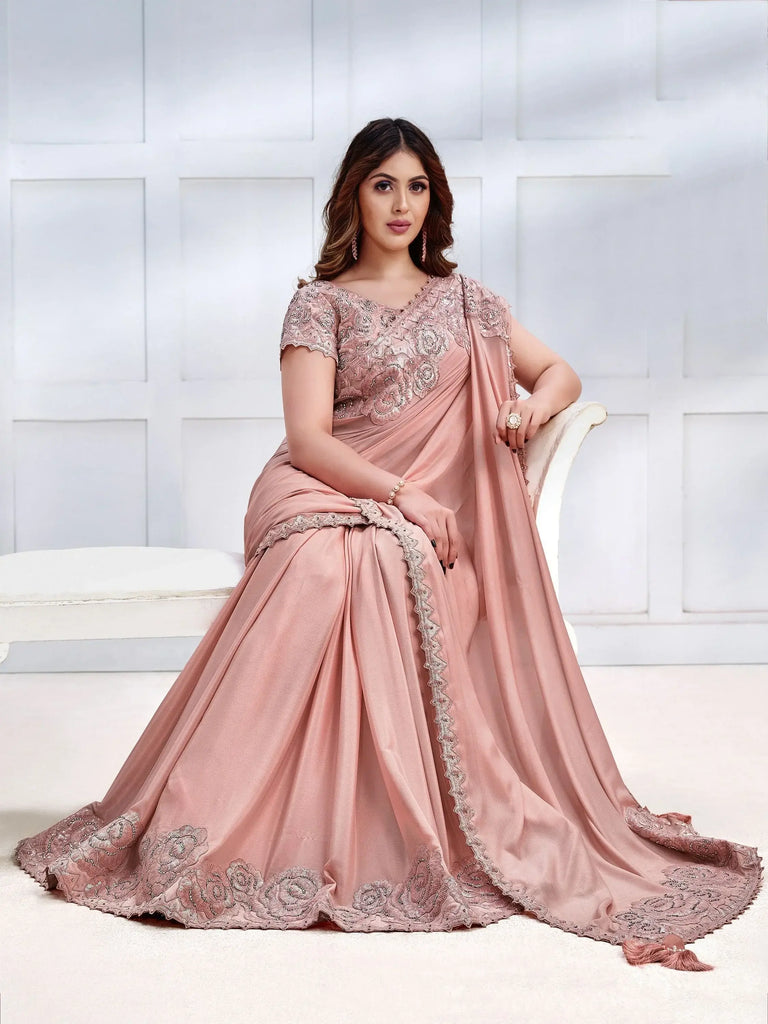 Stupendous Peach Patch Work Georgette Party Wear Saree With Blouse