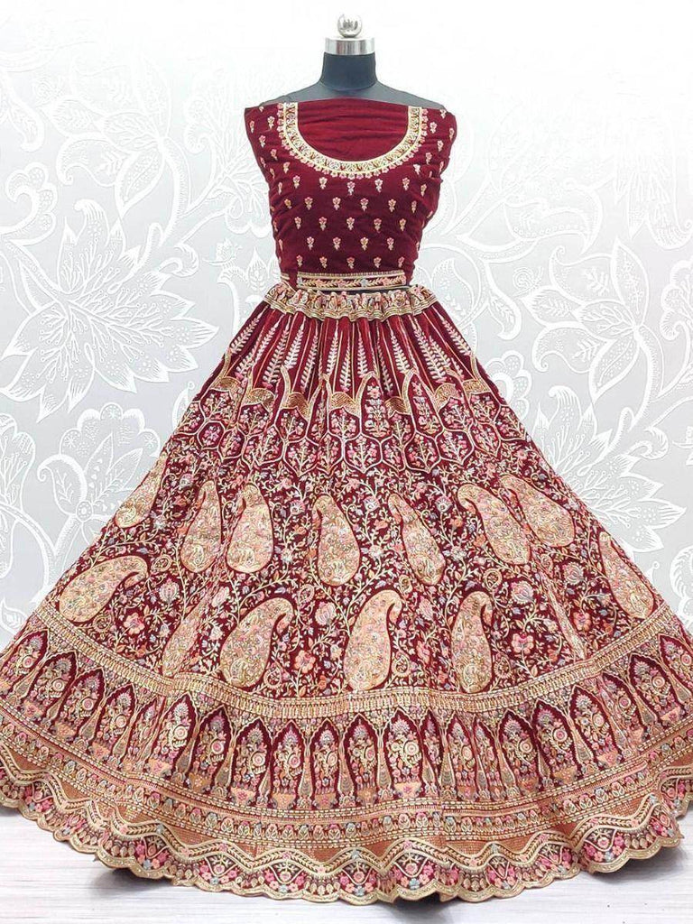 Fantastical Red Velvet Barik Embroidered Bridal Wear Lehenga Choli