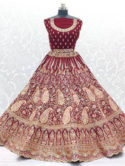 Fantastical Red Velvet Barik Embroidered Bridal Wear Lehenga Choli