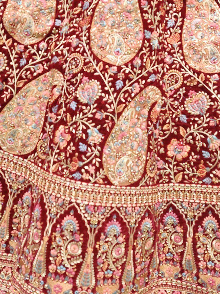 Fantastical Red Velvet Barik Embroidered Bridal Wear Lehenga Choli