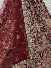 Gleaming Dark Maroon Velvet Multi-Thread Bridal Wear Lehenga With Dupatta