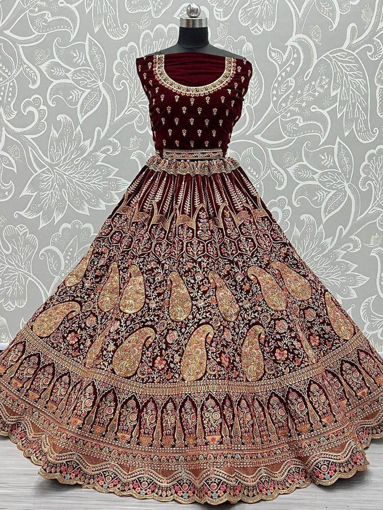 Gleaming Dark Maroon Velvet Multi-Thread Bridal Wear Lehenga With Dupatta