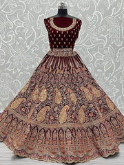 Gleaming Dark Maroon Velvet Multi-Thread Bridal Wear Lehenga With Dupatta