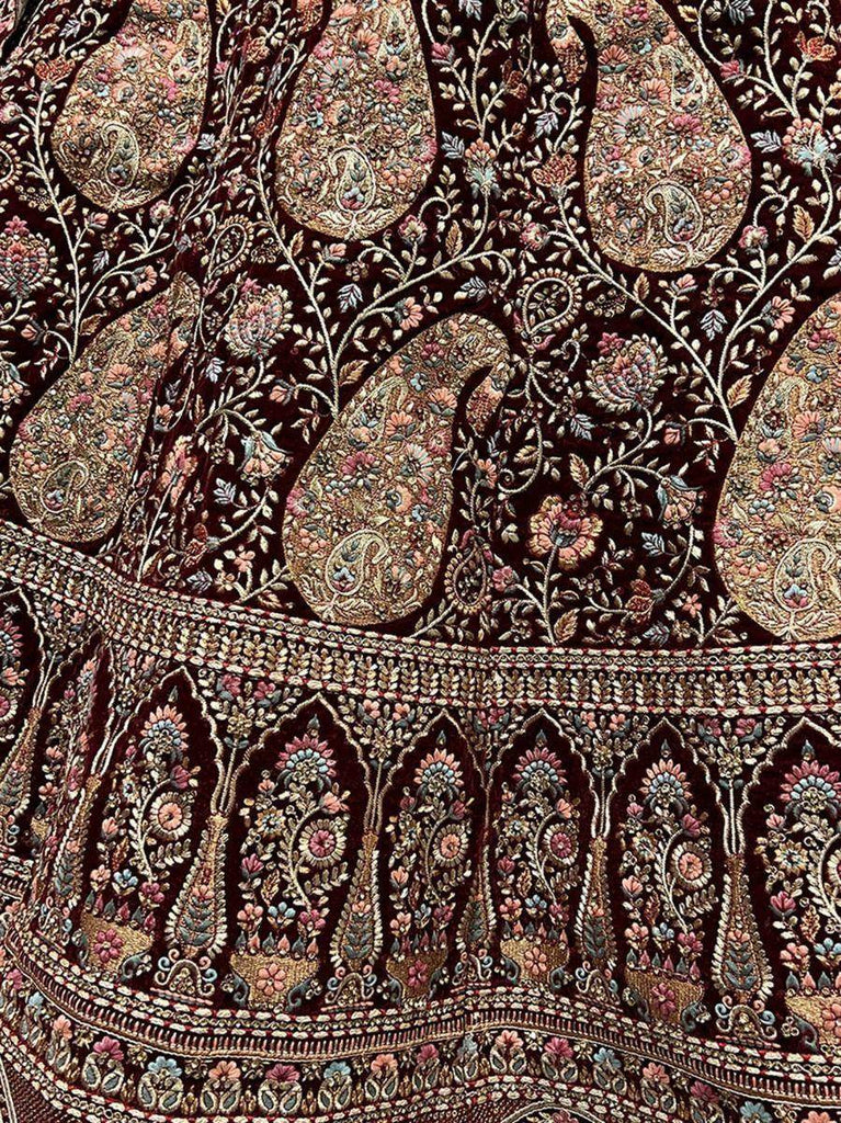Gleaming Dark Maroon Velvet Multi-Thread Bridal Wear Lehenga With Dupatta