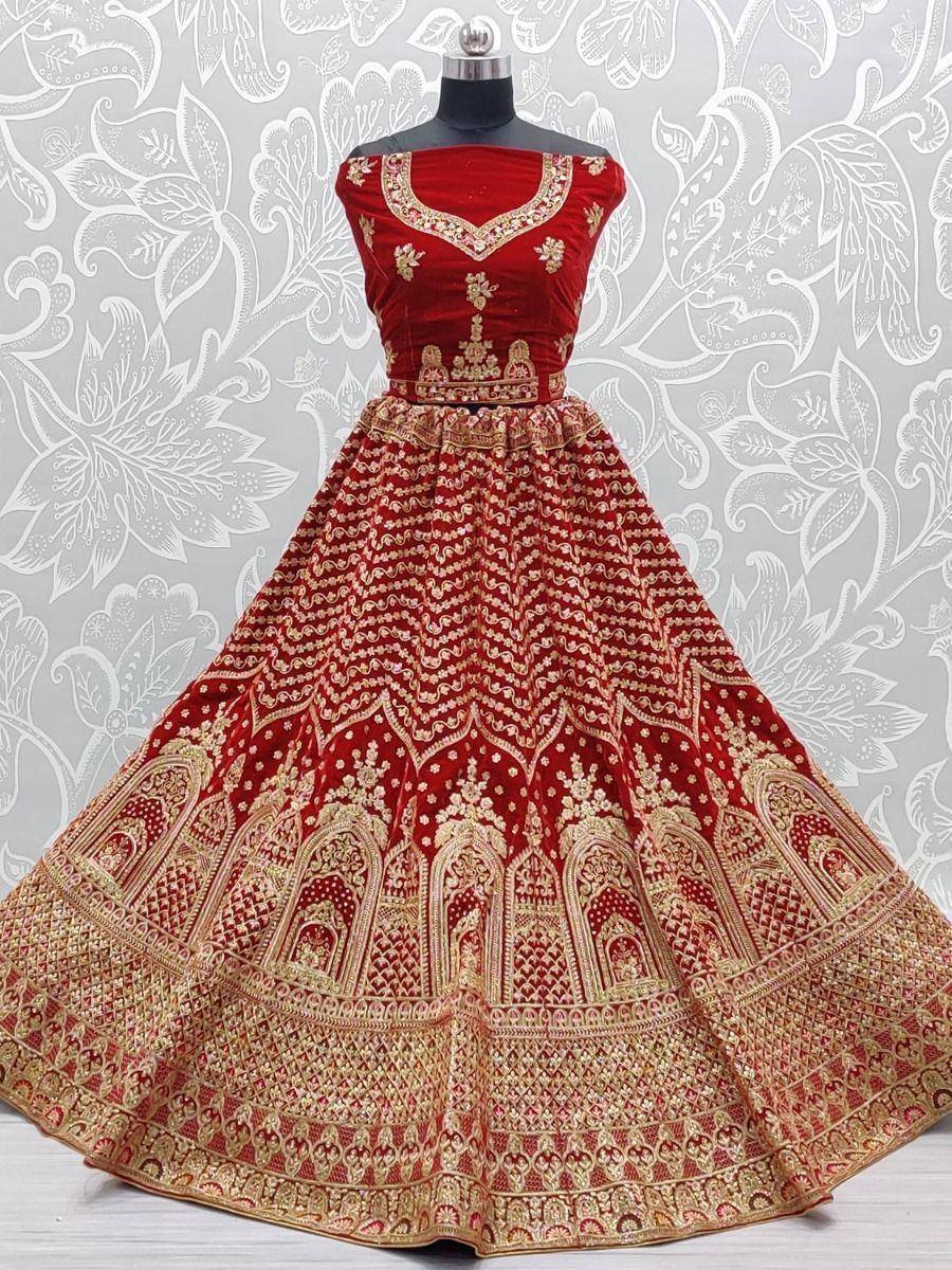 Red velvet lehenga choli with gold embroidery, Indian ethnic wear for weddings