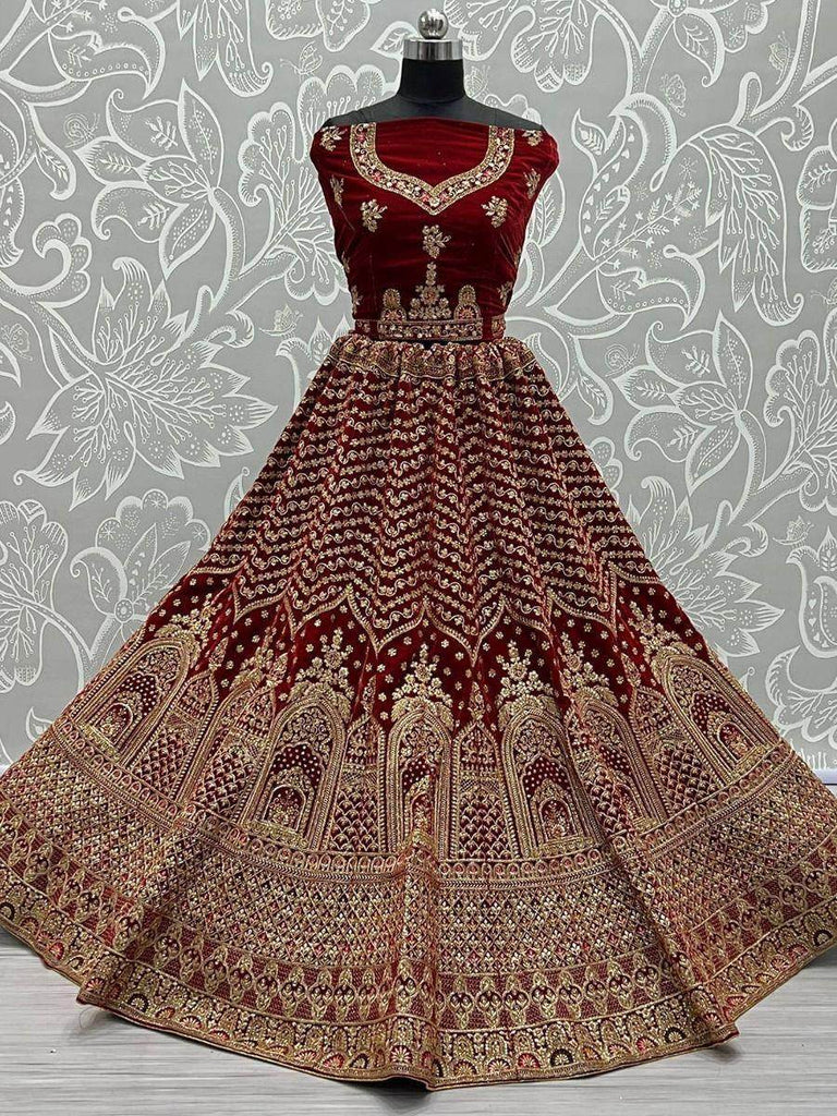 Glamorous Maroon Velvet Dori Embroidered For Wedding Wear Lehenga Choli