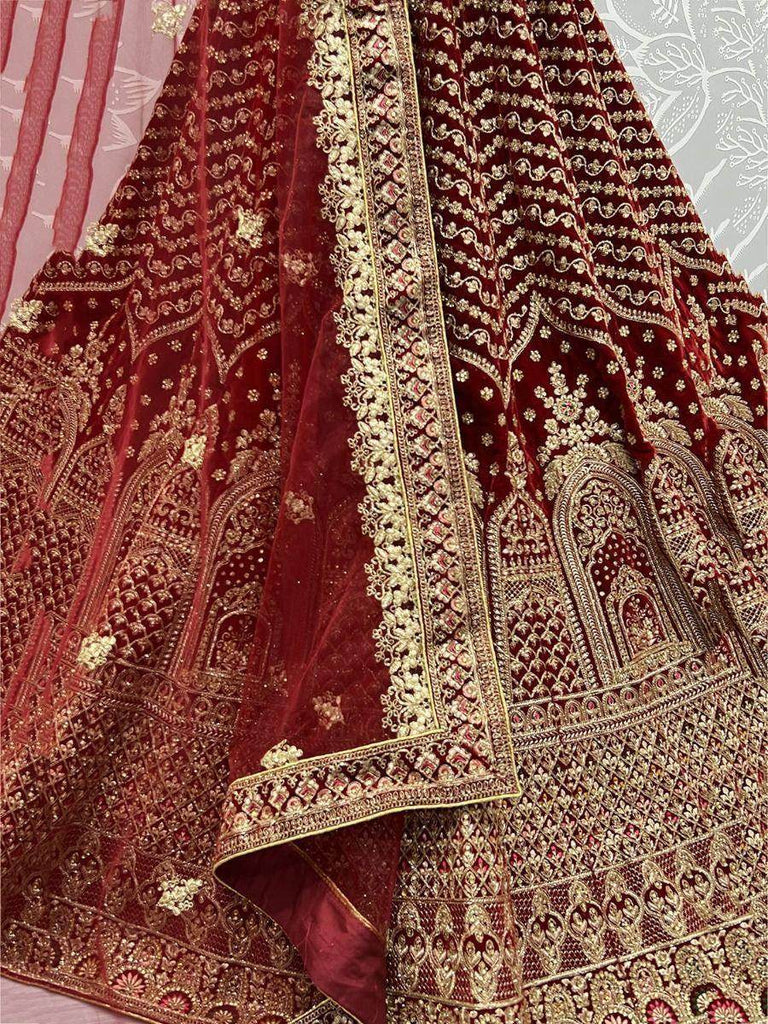 Glamorous Maroon Velvet Dori Embroidered For Wedding Wear Lehenga Choli