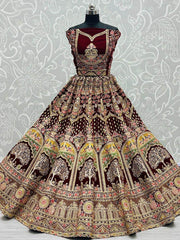 Brilliant Dark Maroon Velvet Heavy Embroidered For Bridal Wear Lehenga Choli