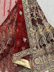 Brilliant Dark Maroon Velvet Heavy Embroidered For Bridal Wear Lehenga Choli