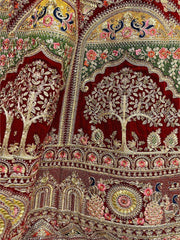Fabulous Dark Red Velvet Heavy Embroidered Wedding Wear Lehenga For Women