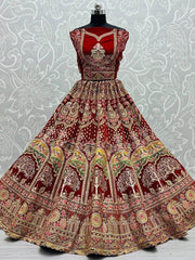 Fabulous Dark Red Velvet Heavy Embroidered Wedding Wear Lehenga For Women