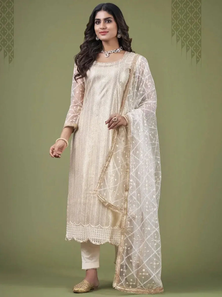 Lovely Cream Fancy Embroidered Net Festive Wear Salwar Kameez