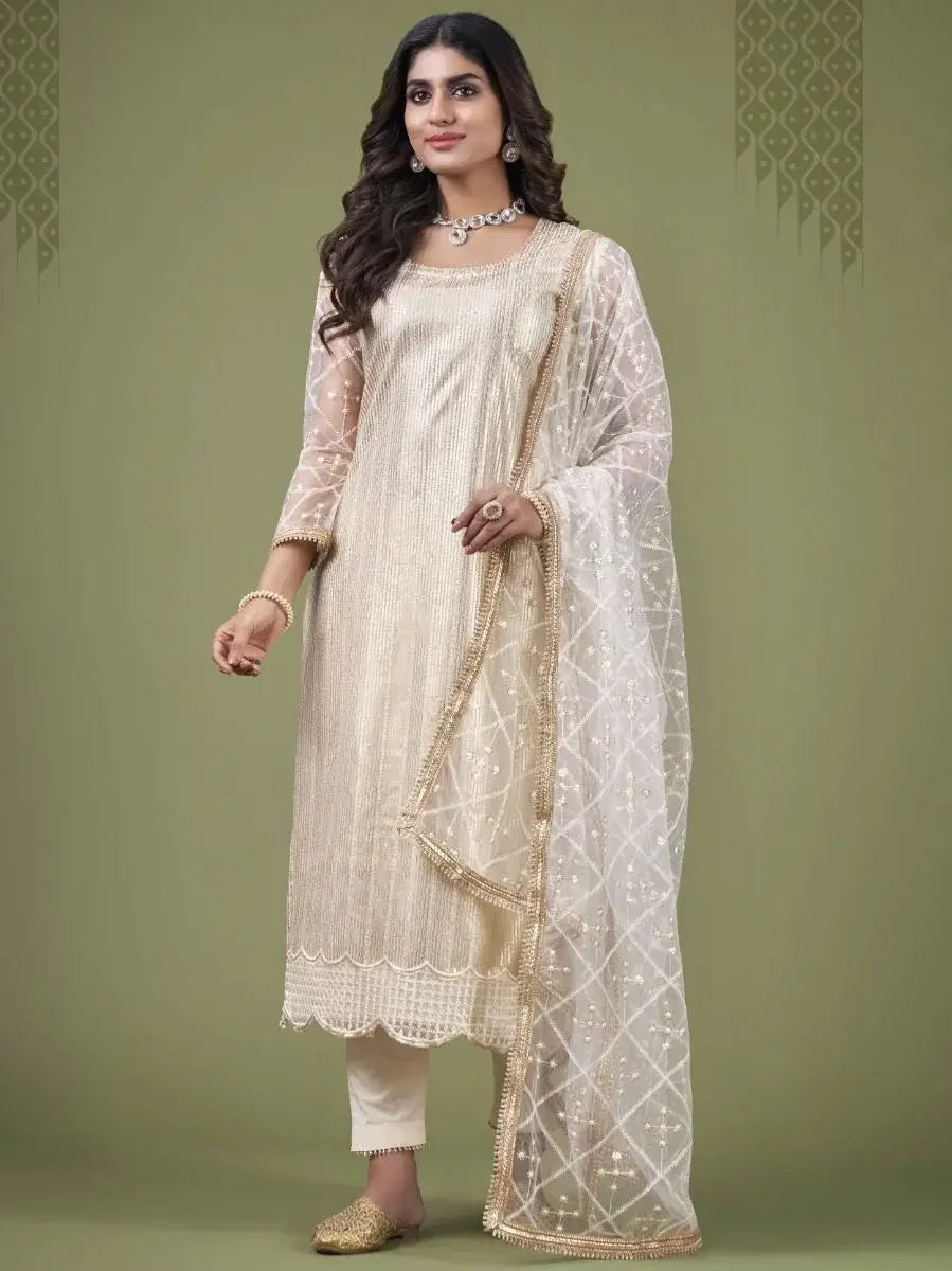 Lovely Cream Fancy Embroidered Net Festive Wear Salwar Kameez