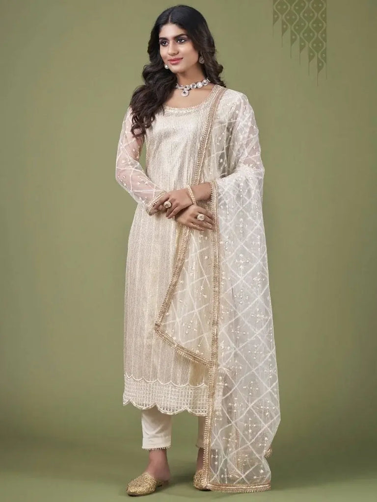 Lovely Cream Fancy Embroidered Net Festive Wear Salwar Kameez