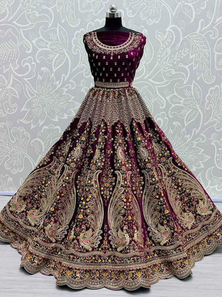 Intricate Dark Purple Velvet Peacock Pattern Embroidered Bridal Lehenga