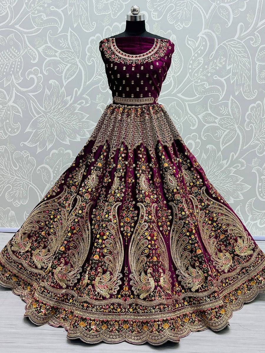 Intricate Dark Purple Velvet Peacock Pattern Embroidered Bridal Lehenga