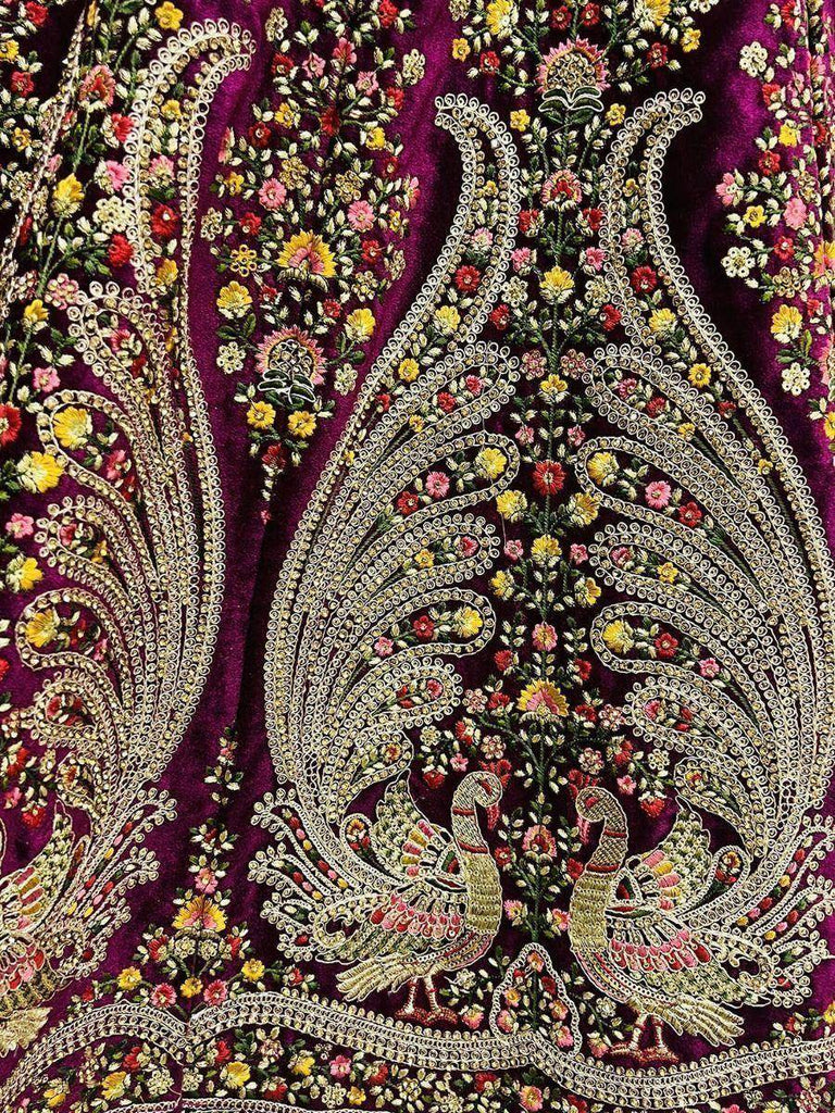 Intricate Dark Purple Velvet Peacock Pattern Embroidered Bridal Lehenga