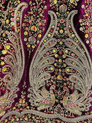 Intricate Dark Purple Velvet Peacock Pattern Embroidered Bridal Lehenga