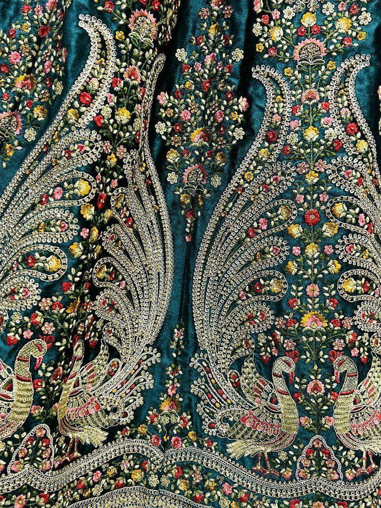 Wonderful Teal Blue Velvet Peacock Pattern Embroidered Wedding Lehenga