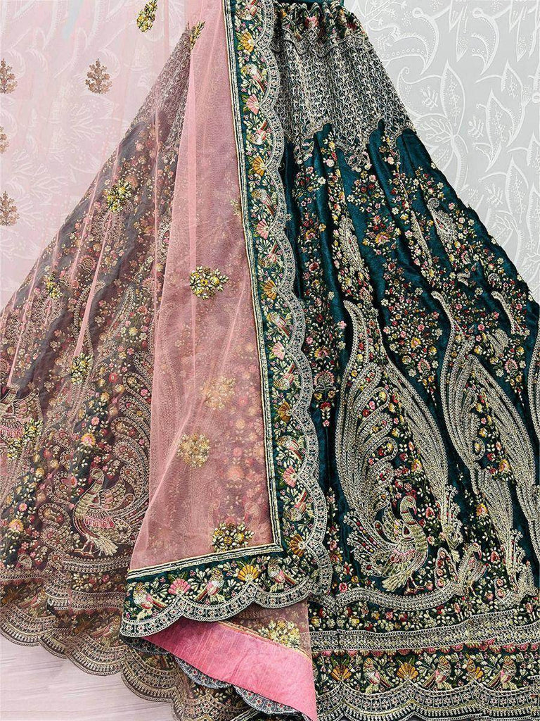 Wonderful Teal Blue Velvet Peacock Pattern Embroidered Wedding Lehenga