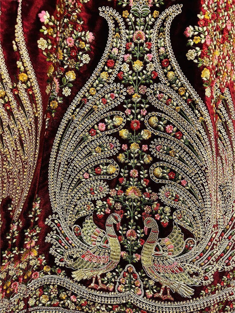 Classic Dark Maroon Velvet Embroidered Bridal Wear Lehenga Choli For Women