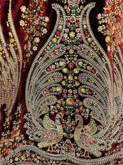 Classic Dark Maroon Velvet Embroidered Bridal Wear Lehenga Choli For Women