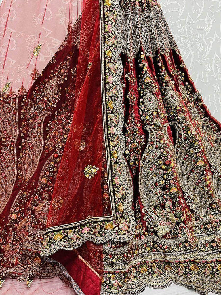 Classic Dark Maroon Velvet Embroidered Bridal Wear Lehenga Choli For Women