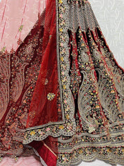Classic Dark Maroon Velvet Embroidered Bridal Wear Lehenga Choli For Women