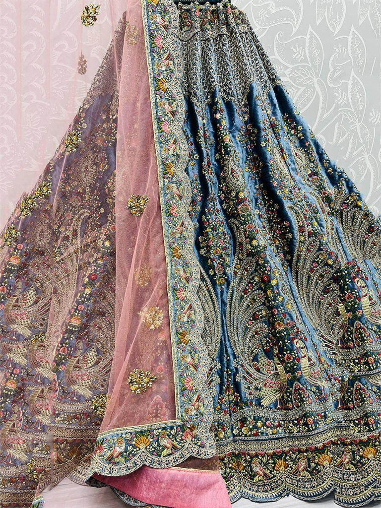 Adorning Blue Velvet Multi Thread Bridal Wear Lehenga Choli For Women