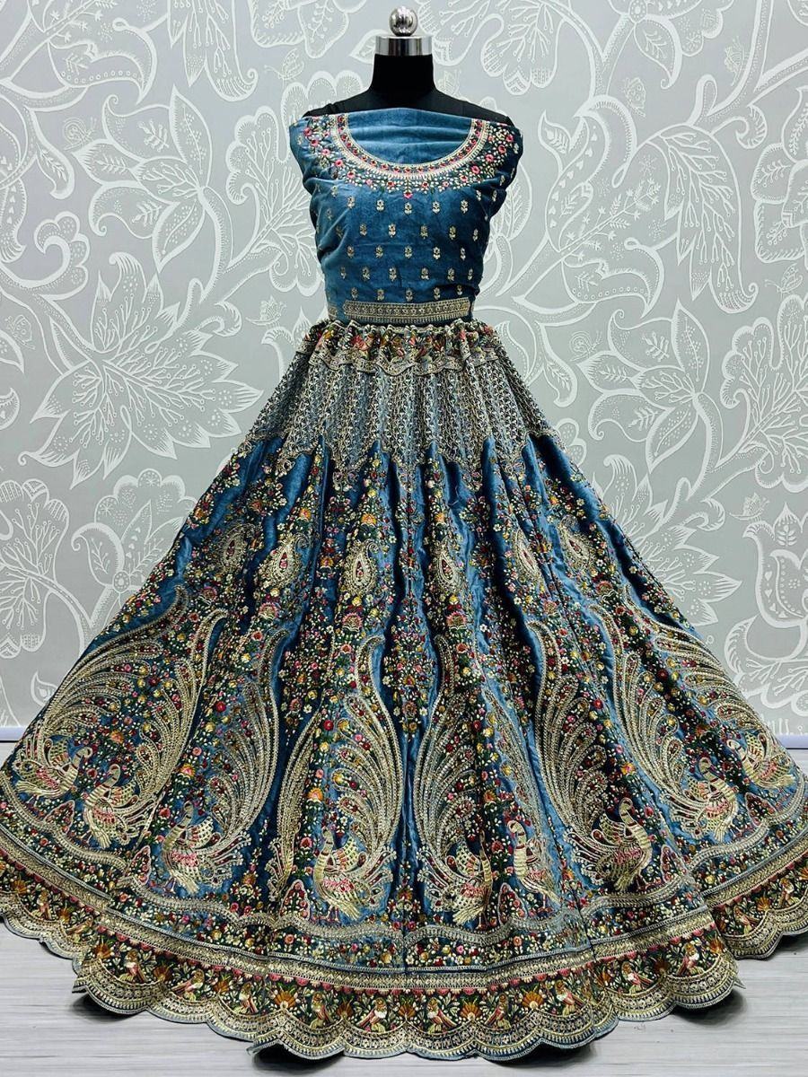 Adorning Blue Velvet Multi Thread Bridal Wear Lehenga Choli For Women