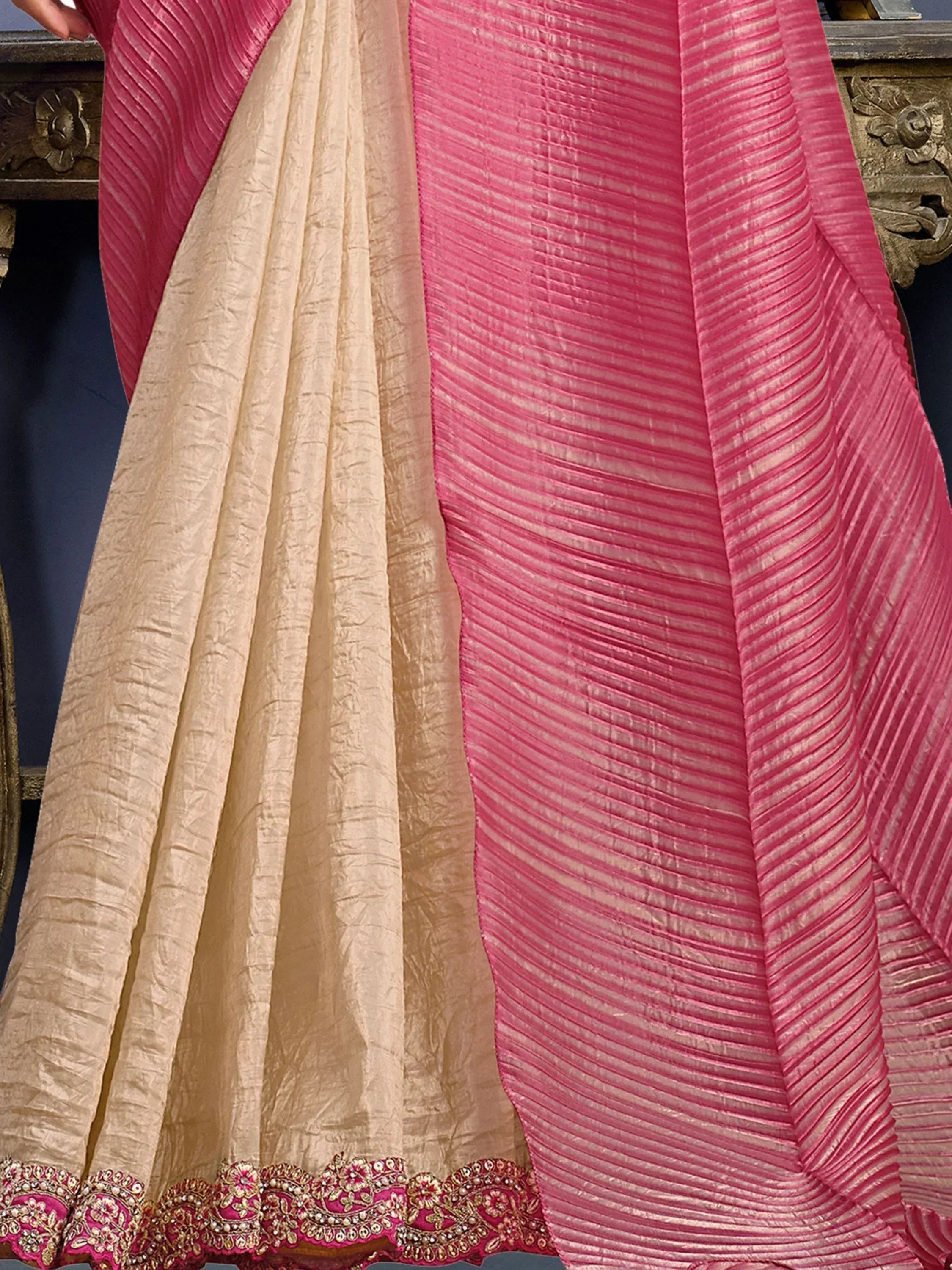 Pink and beige pleated lehenga with embroidered border, Indian ethnic wear