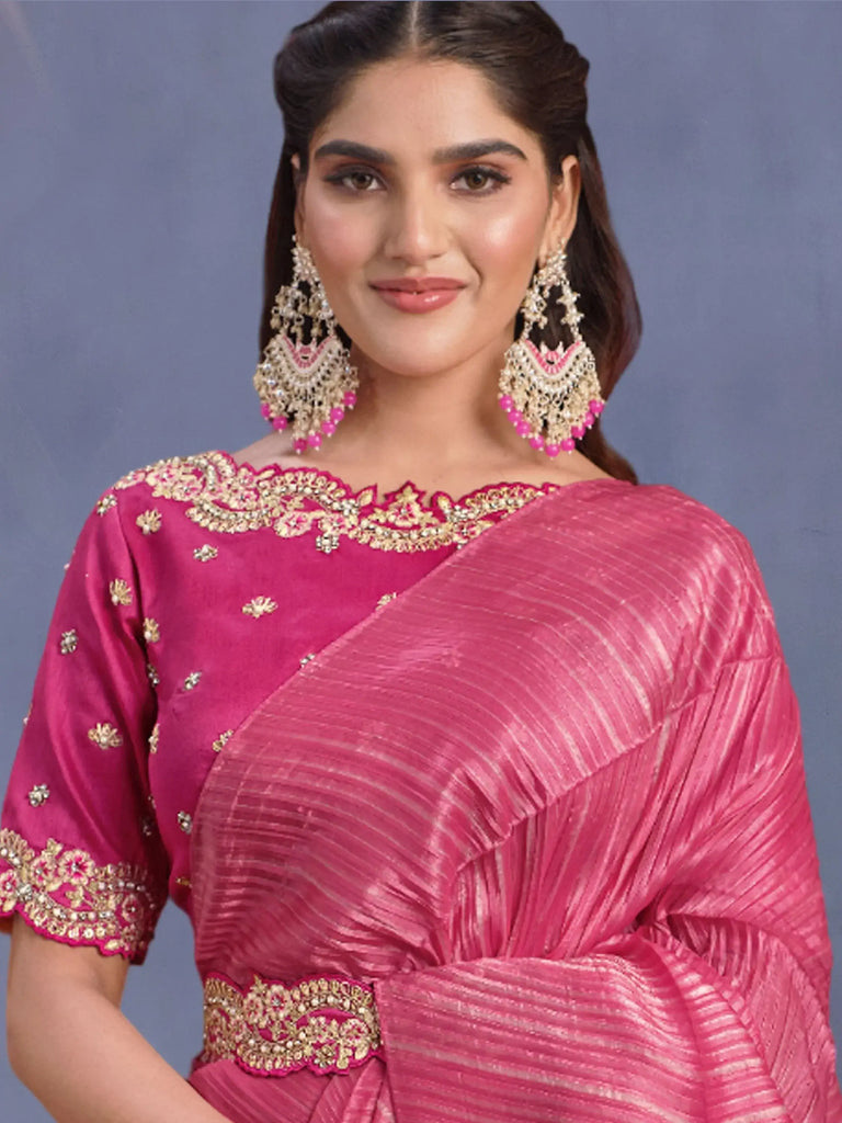 Demanding Pink Sequins Banarasi Silk Party Wear Saree With Blouse