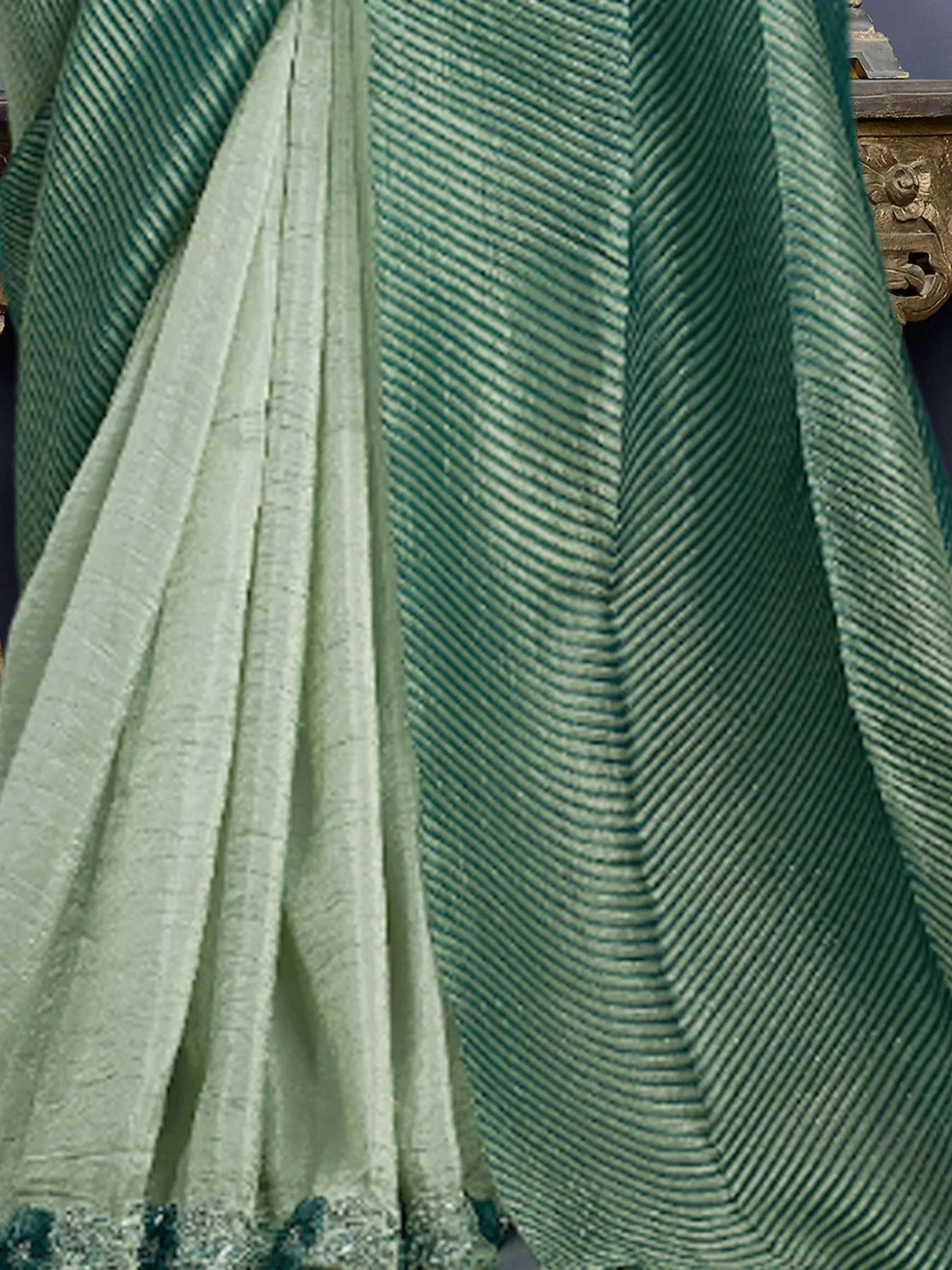 Green striped ethnic gown with sheer overlay, perfect for Indian occasions