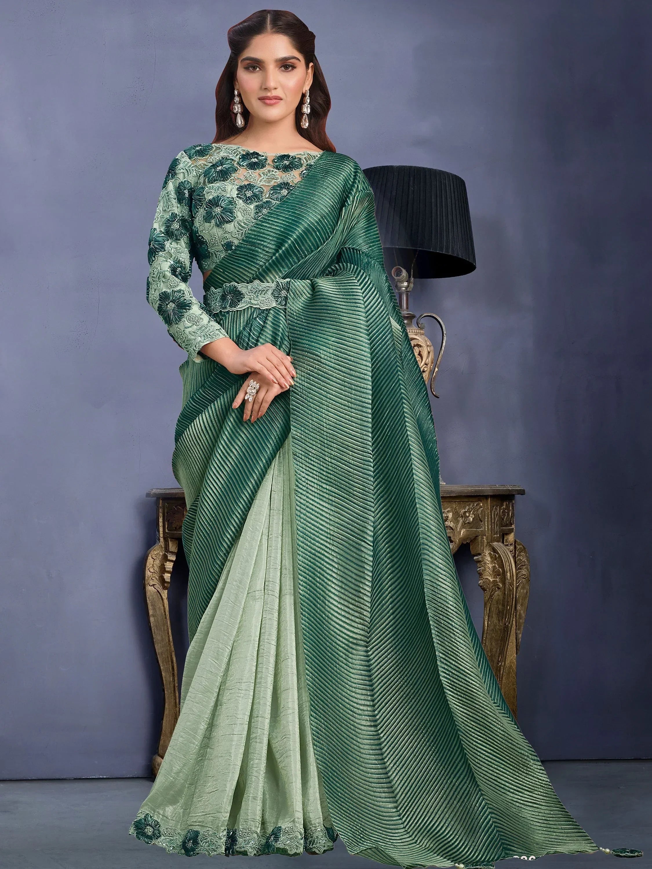Fetching Green Sequins Banarasi Silk Party Wear Saree With Blouse