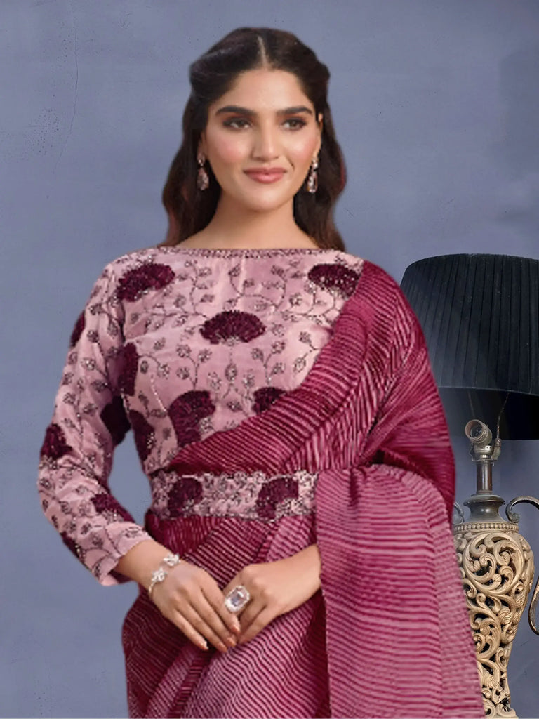 Beautiful Wine Color Sequins Satin Silk Party Wear Saree With Blouse