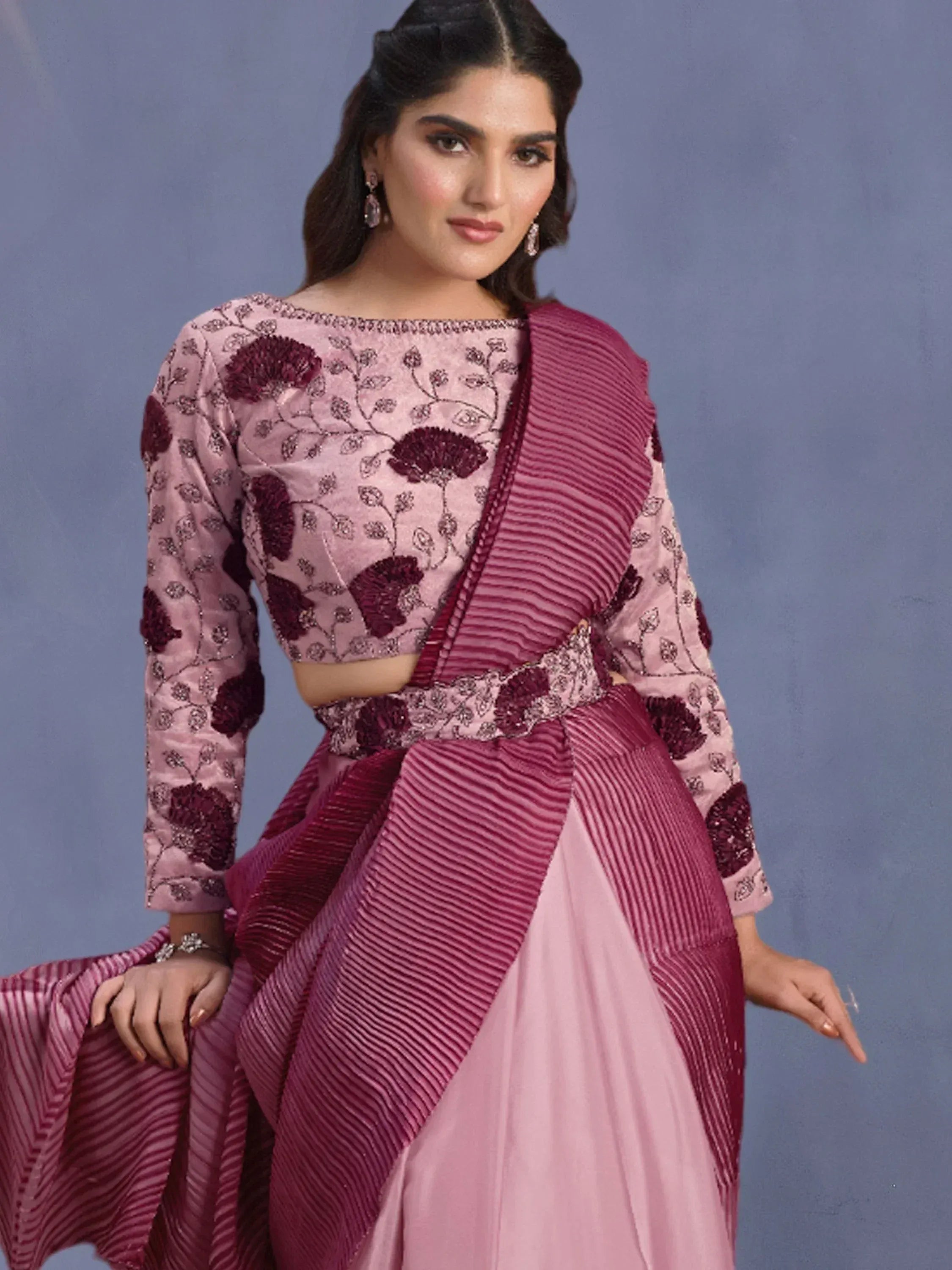 Pink and maroon embroidered lehenga choli with floral motifs and pleated dupatta, Indian ethnic wear