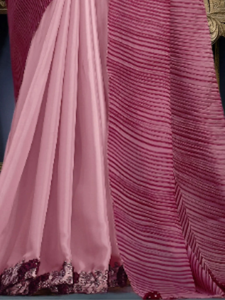 Beautiful Wine Color Sequins Satin Silk Party Wear Saree With Blouse