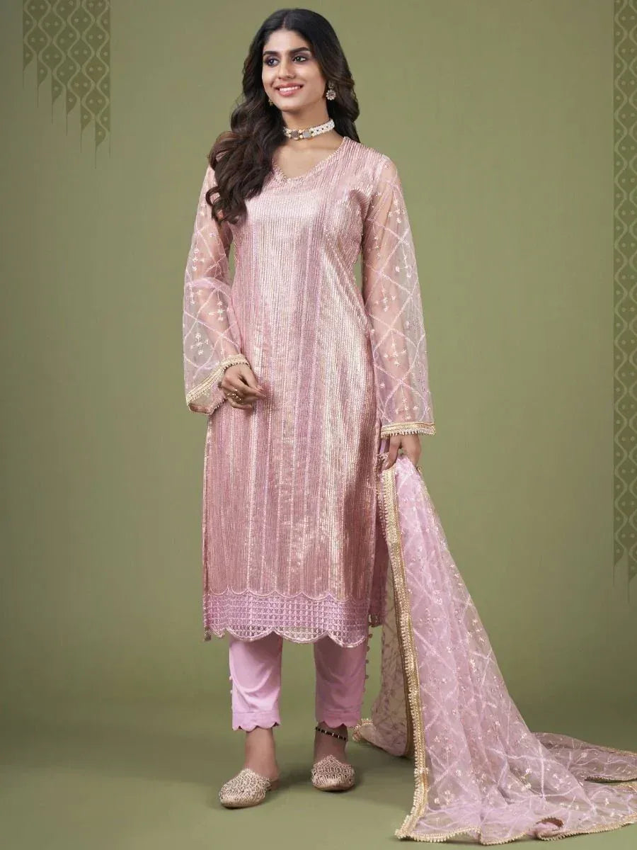 Pink embroidered salwar kameez with sheer sleeves and dupatta, ethnic Indian wear