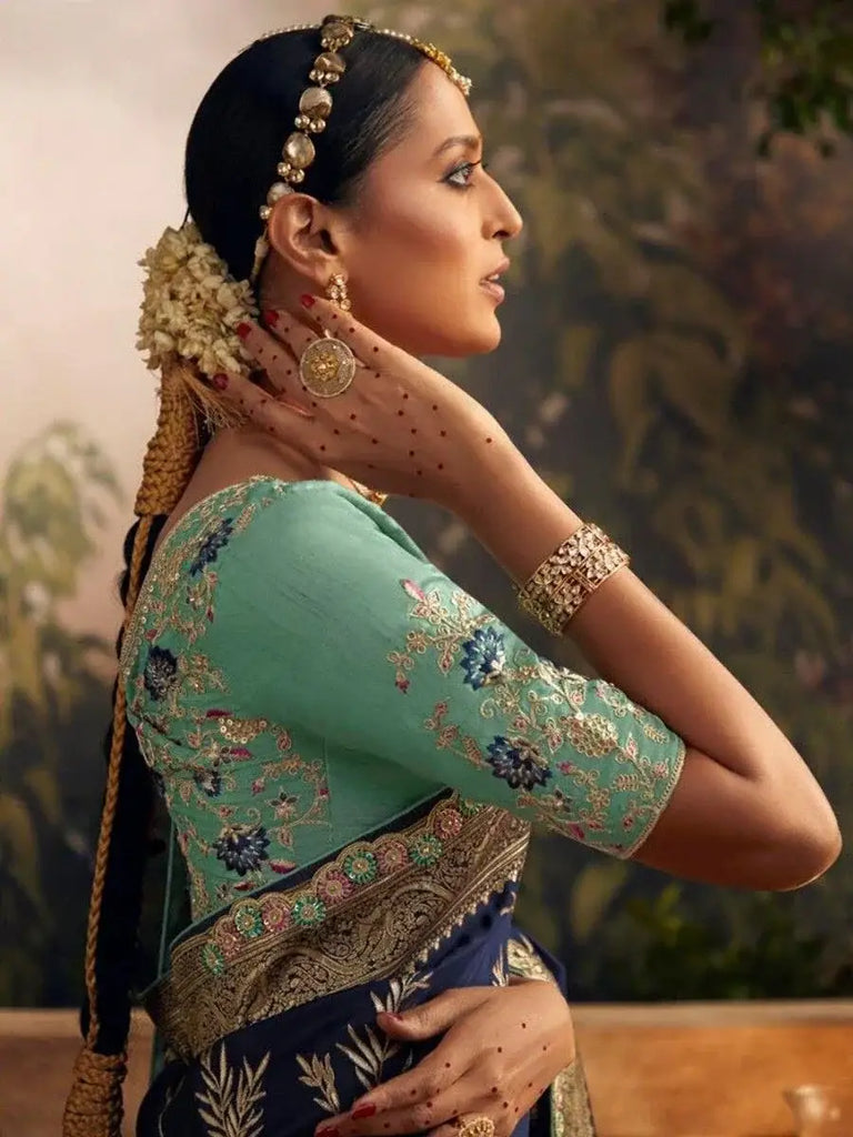 Beautiful Blue Zari Weaving Dola Silk Wedding Wear Saree With Blouse