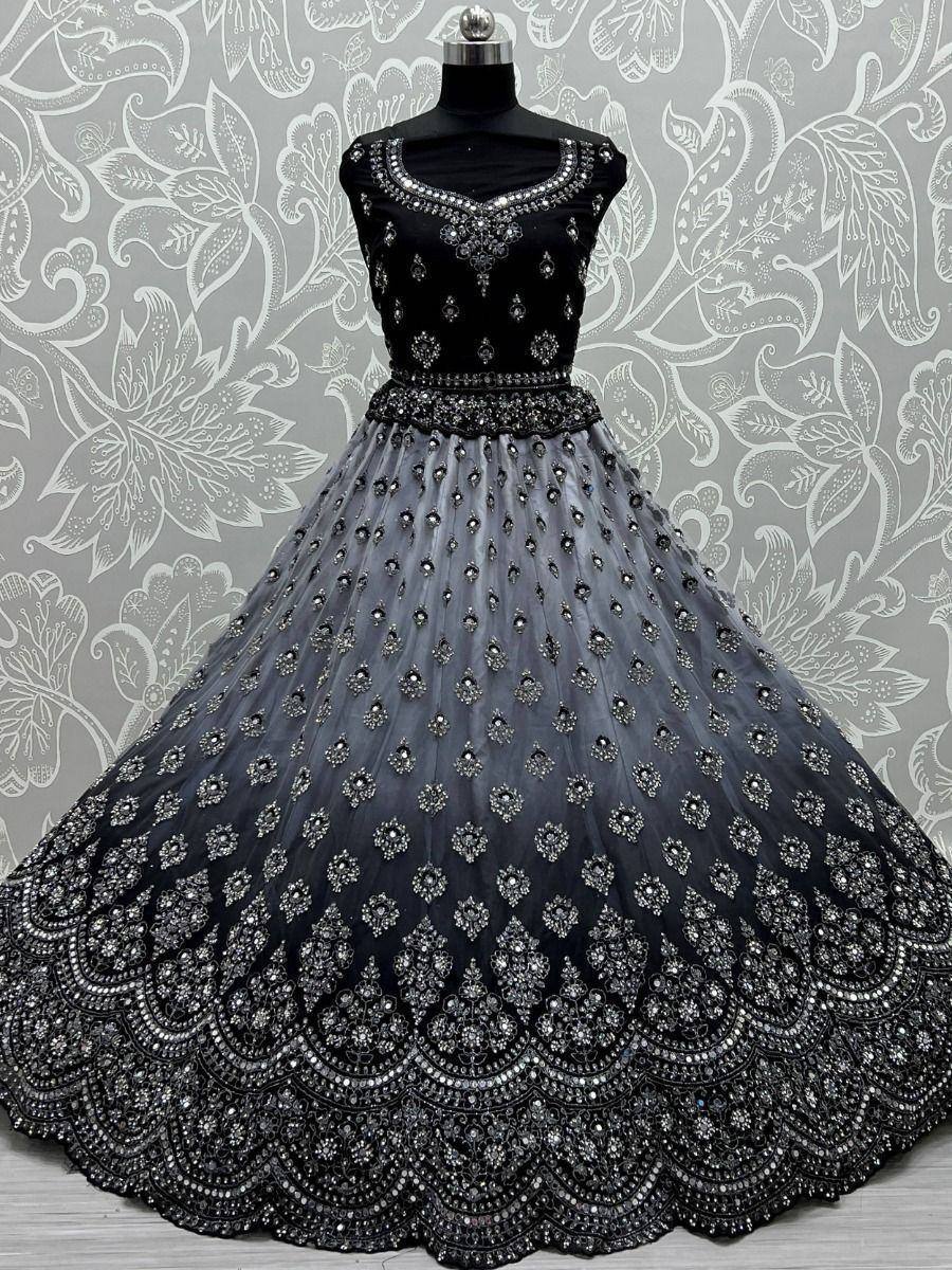 Black designer lehenga choli with heavy embroidery and sequins, perfect for weddings and parties