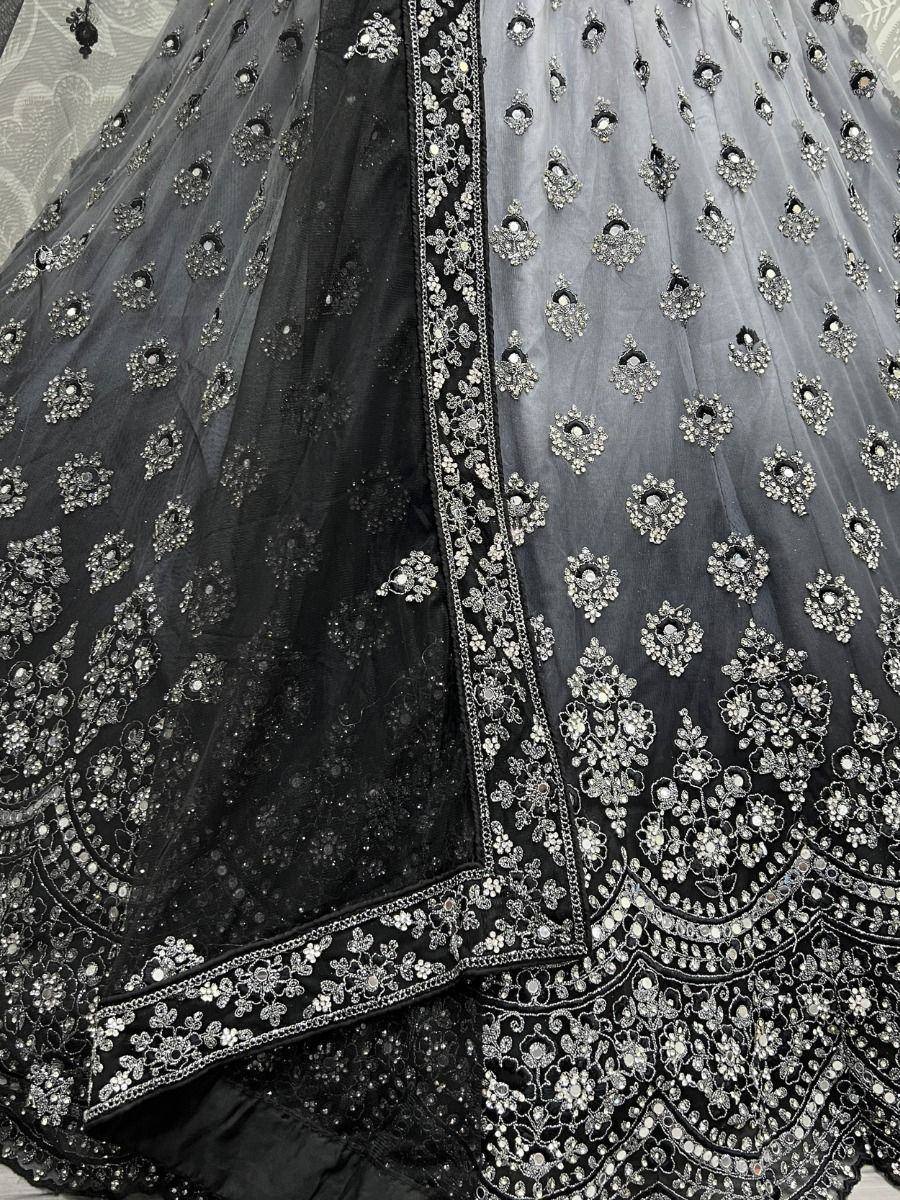 Black embroidered lehenga choli with silver zari and stone work, ethnic Indian wedding wear