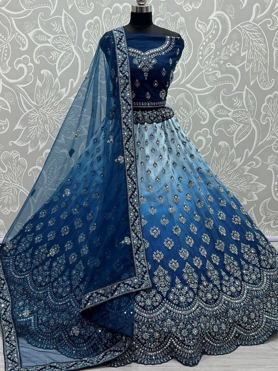 Blue embroidered lehenga choli with net dupatta, Indian ethnic wear for weddings and events