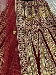 Marvelous Maroon Zari Work Velvet Bridal Lehenga Choli With Dupatta