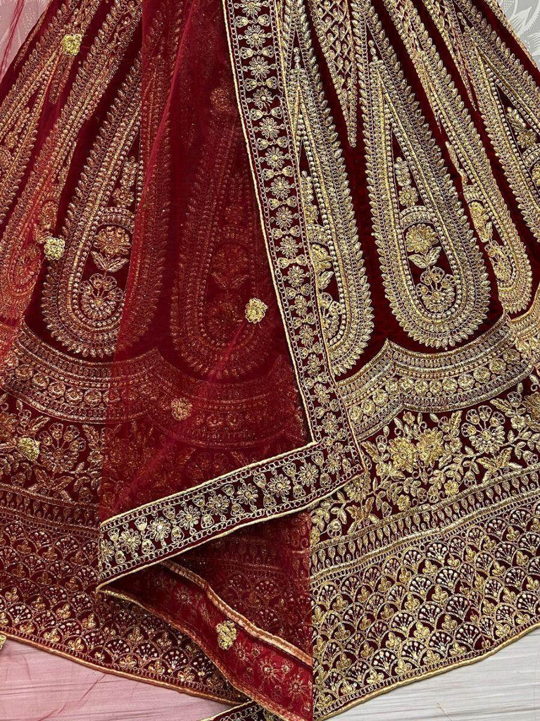 Marvelous Maroon Zari Work Velvet Bridal Lehenga Choli With Dupatta
