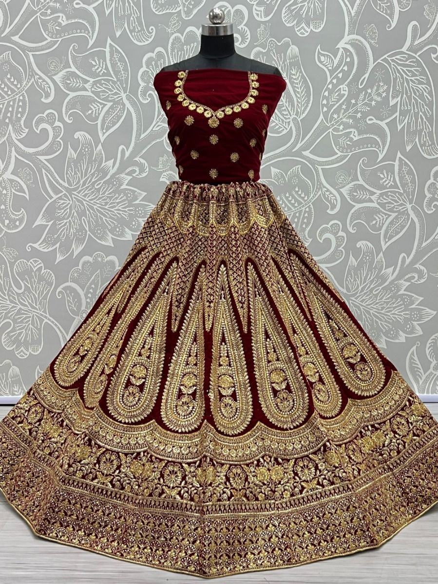 Marvelous Maroon Zari Work Velvet Bridal Lehenga Choli With Dupatta
