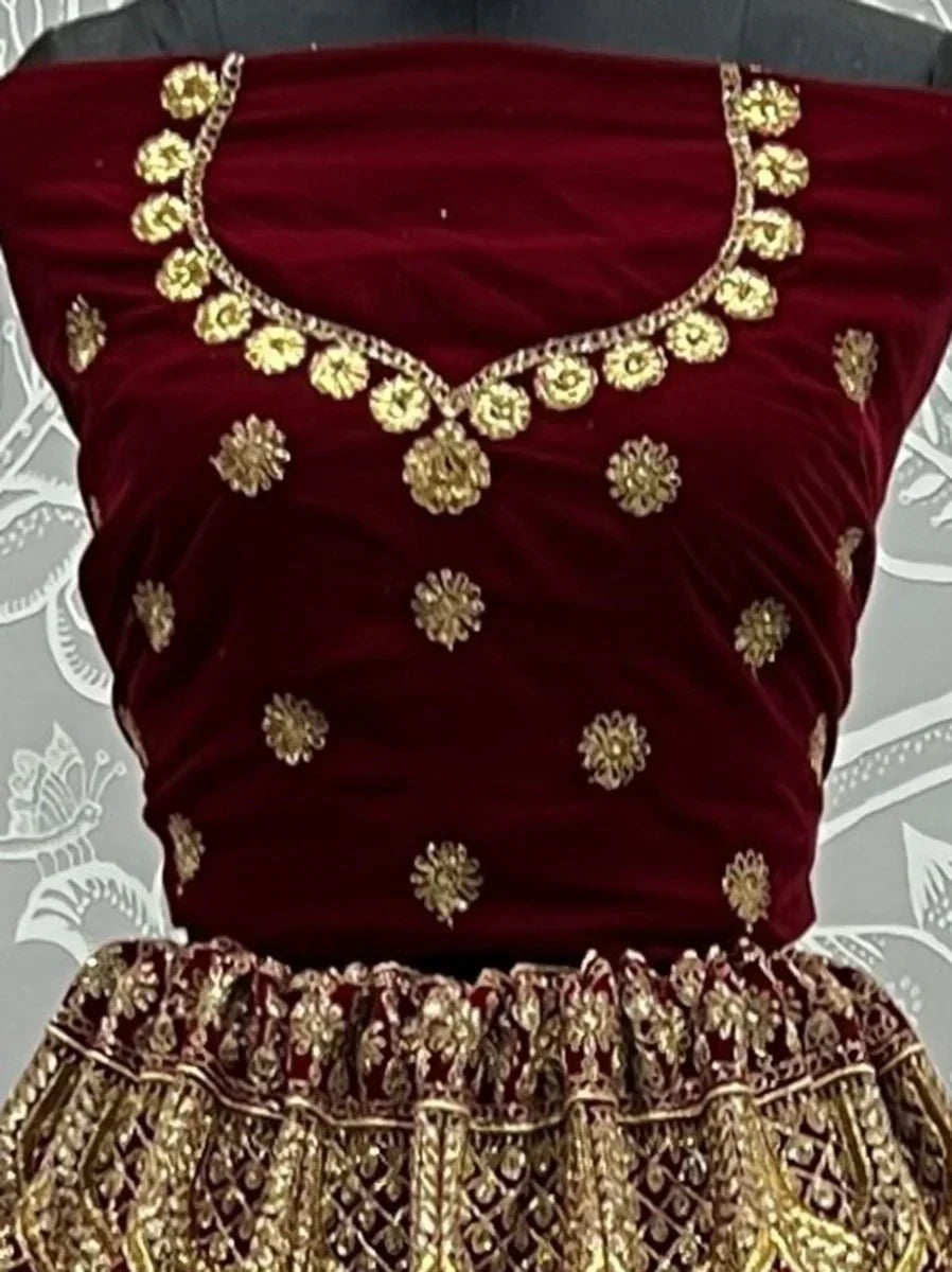Marvelous Maroon Zari Work Velvet Bridal Lehenga Choli With Dupatta