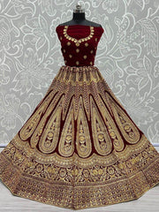Marvelous Maroon Zari Work Velvet Bridal Lehenga Choli With Dupatta