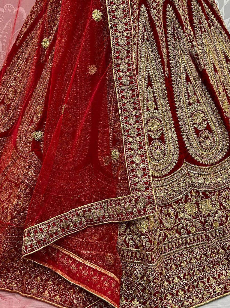 Graceful Red Zari Work velvet Bridal Lehenga Choli With Dupatta