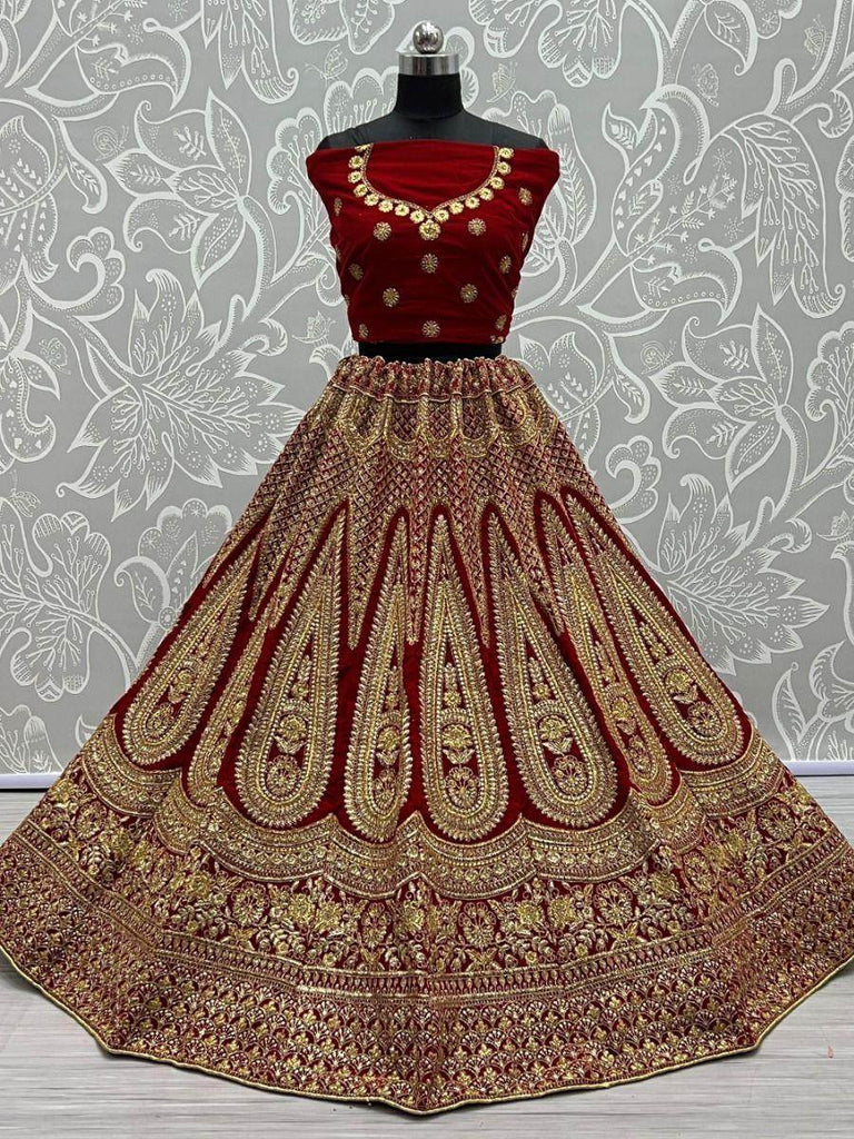 Graceful Red Zari Work velvet Bridal Lehenga Choli With Dupatta