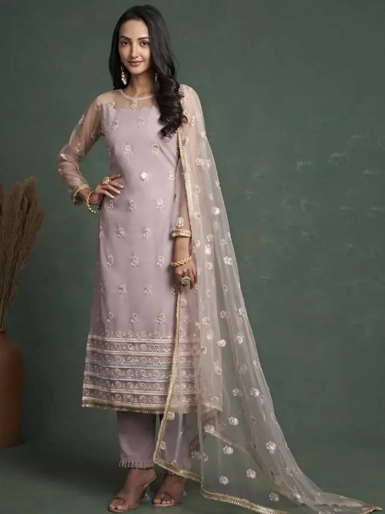 Gorgeous Lilac Embroidered Net Wedding Wear Salwar Kameez